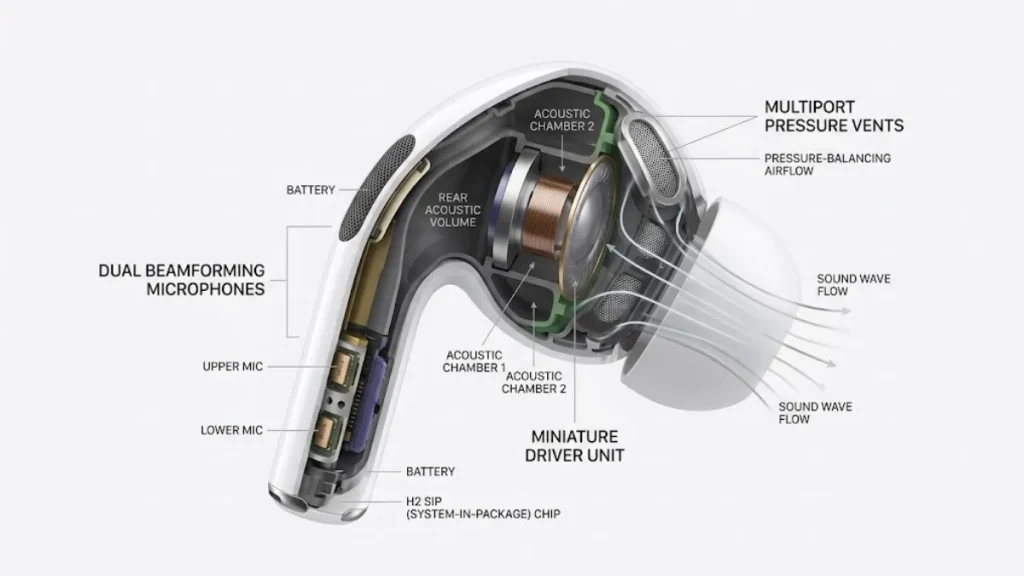 Apple AirPods 5 Noise Cancellation Review 1 3D cutaway diagram of the AirPods 5 acoustic multiport ventilation and internal microphone array