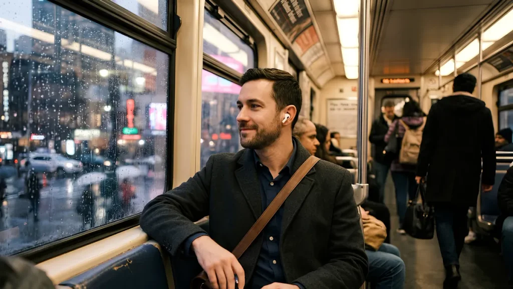 Apple AirPods 5 Noise Cancellation Review 2 Commuter wearing Apple AirPods 5 with Active Noise Cancellation on a train