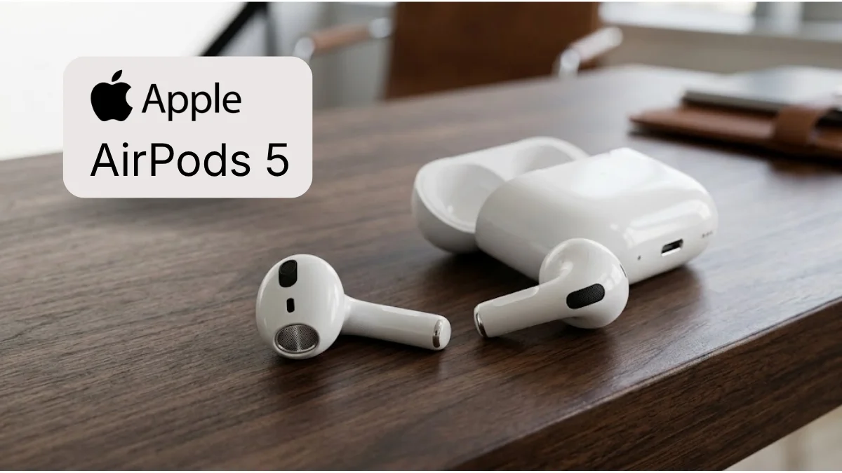 Apple AirPods 5 wireless earbuds and charging case resting on a desk